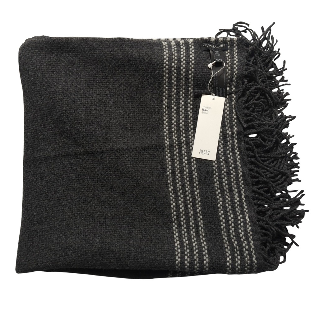 Eileen Fisher Trattino Wool Blend Shawl Charcoal Fringe One Size Made Italy NEW